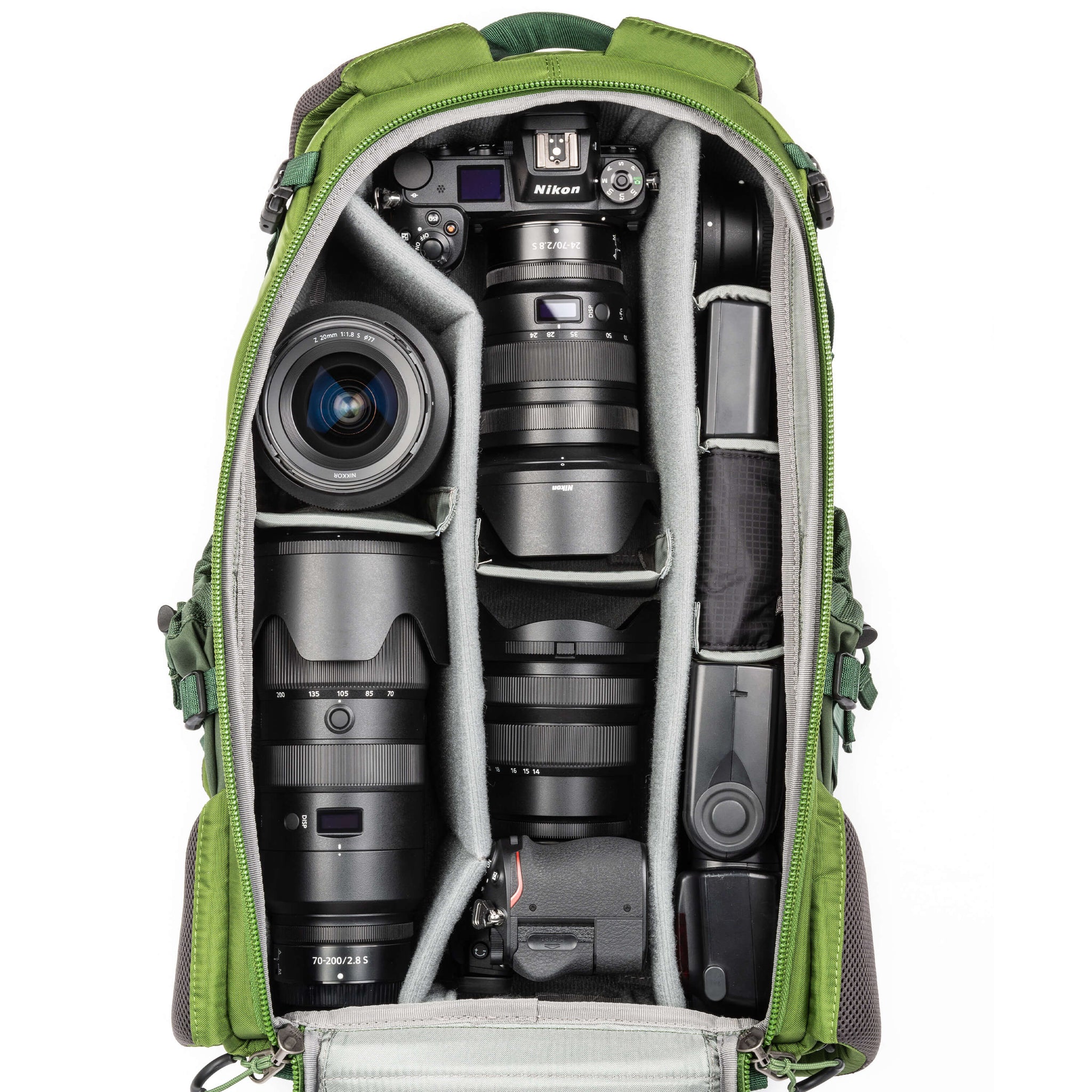 Holds 2 standard-size camera bodies and 4-6 standard zoom lenses plus a flash