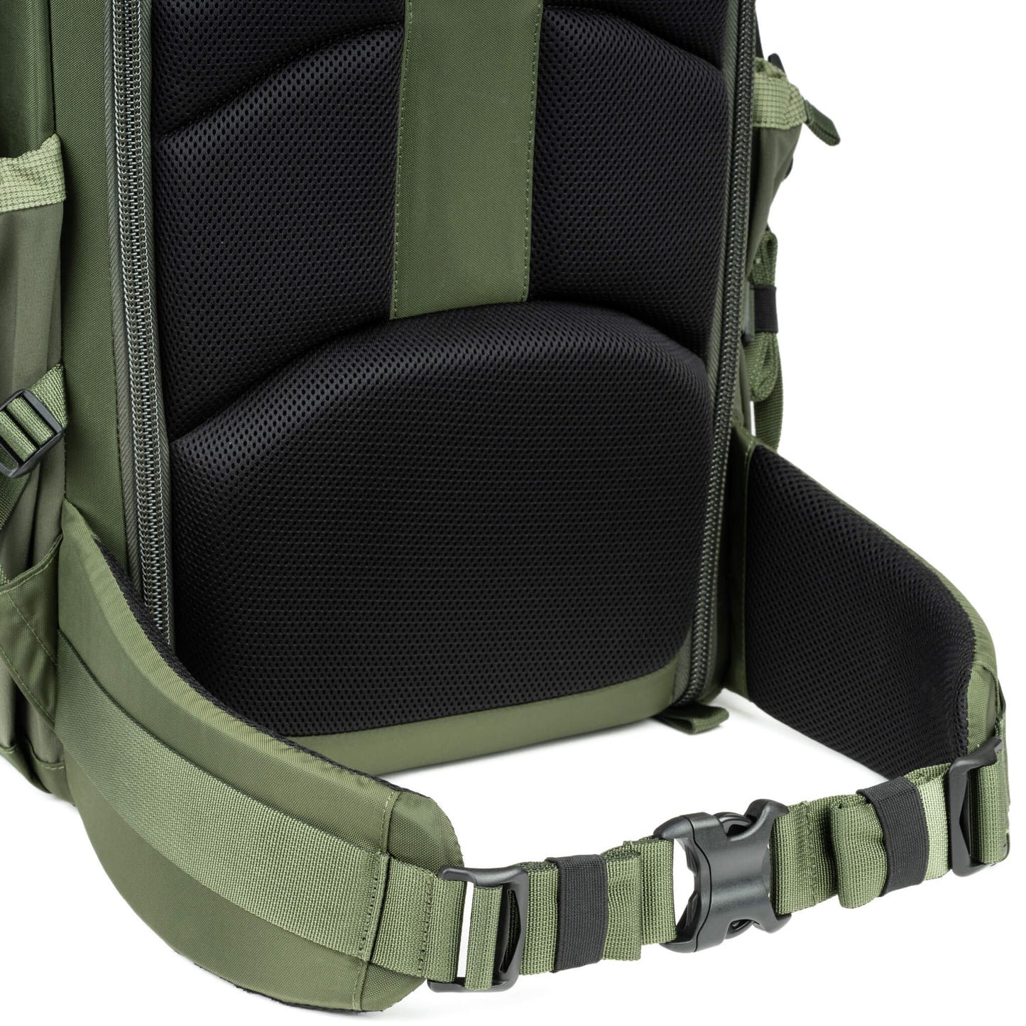 
                  
                    Padded waist belt for all-day comfort on the trail with webbing rail for attachment of additional Think Tank accessories
                  
                