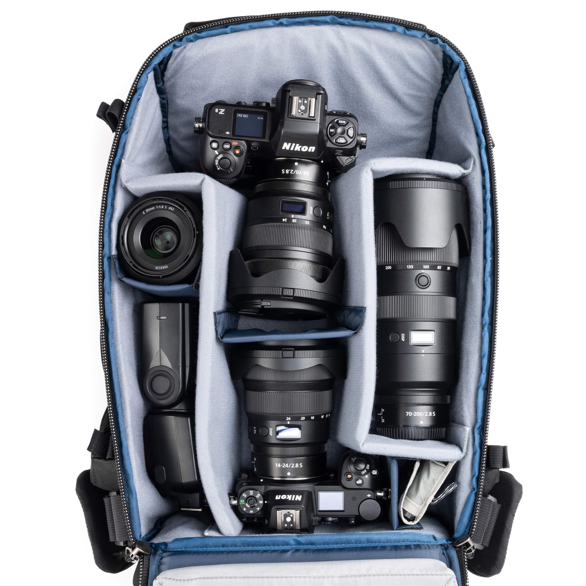 Holds two bodies with lenses attached and 2–3 lenses, or one body with lens attached plus 3–5 lenses