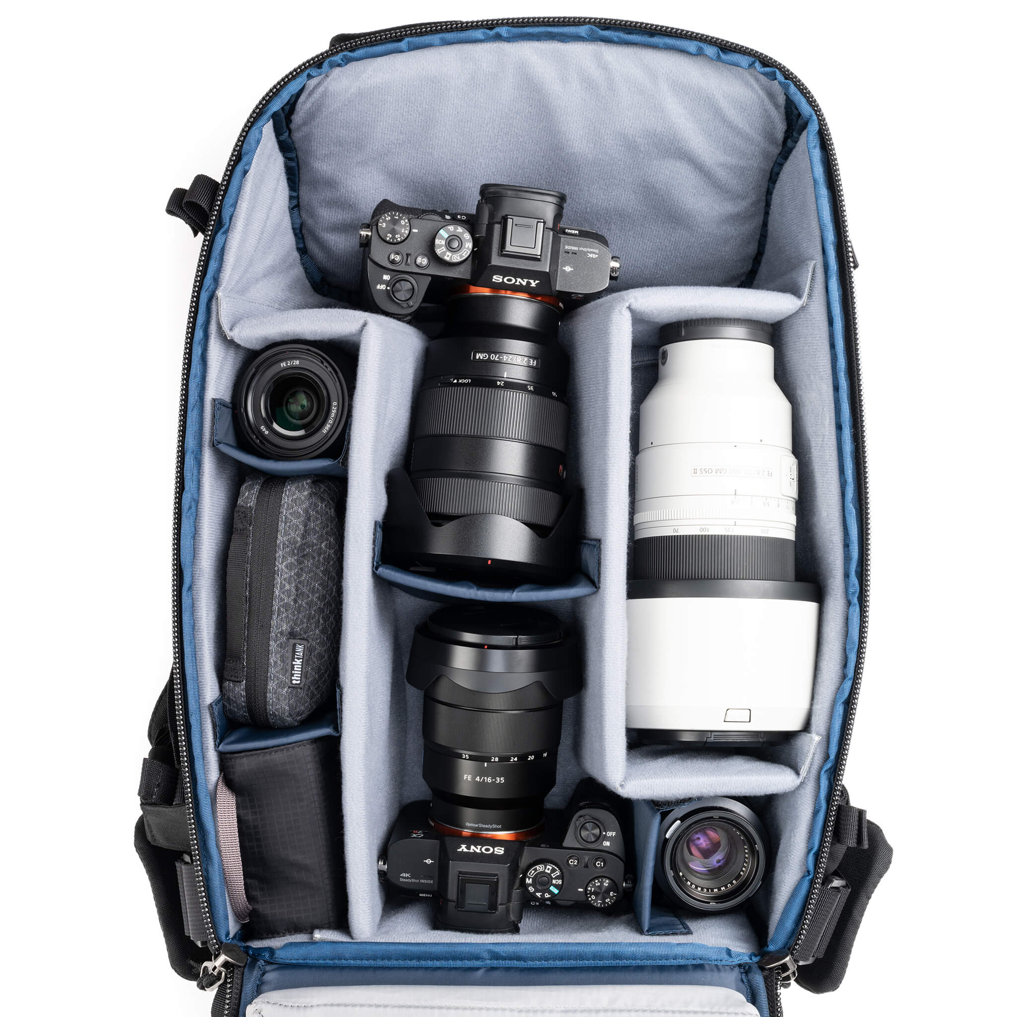 Holds two bodies with lenses attached and 2–3 lenses, or one body with lens attached plus 3–5 lenses