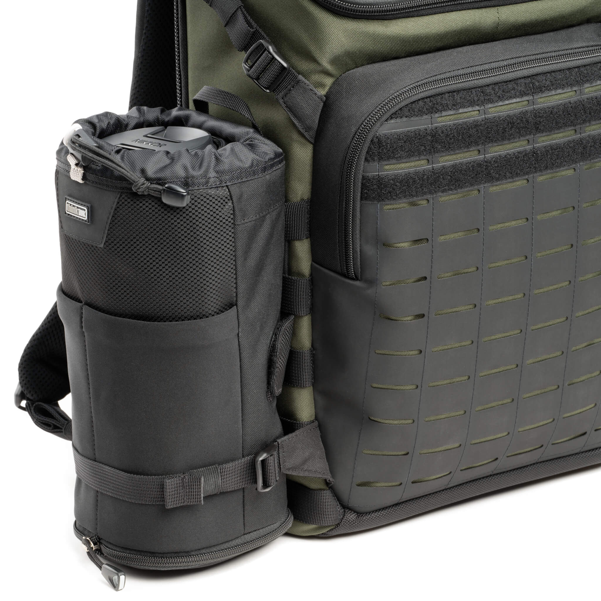 Tactical webbing rails on the side enable you to attach Think Tank modular pouches