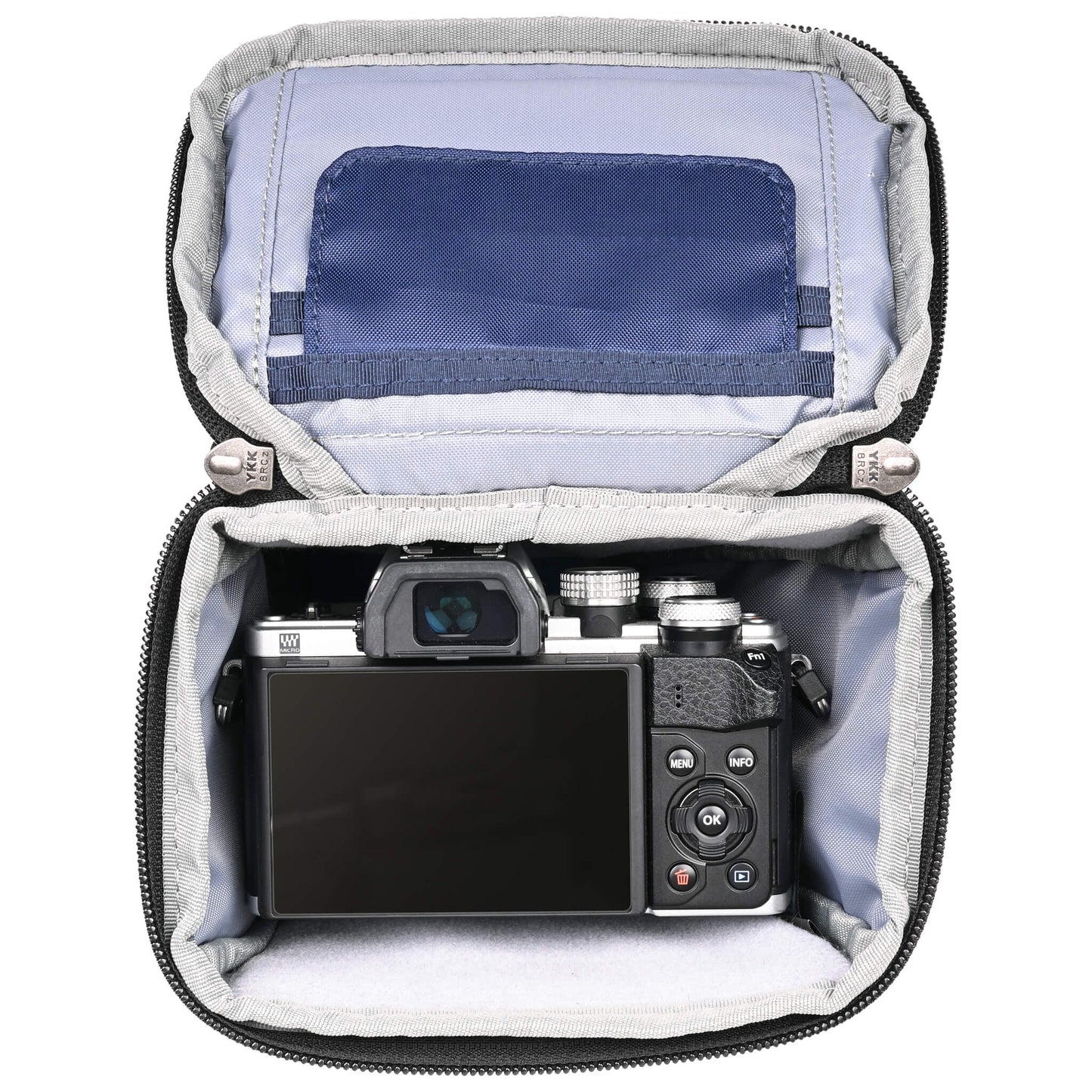 
                  
                    Fits compact mirrorless body, such as a Canon R50 or R10, Nikon Z5, Fuji X-T30, or Sony A6000 series body with a short lens attached.
                  
                