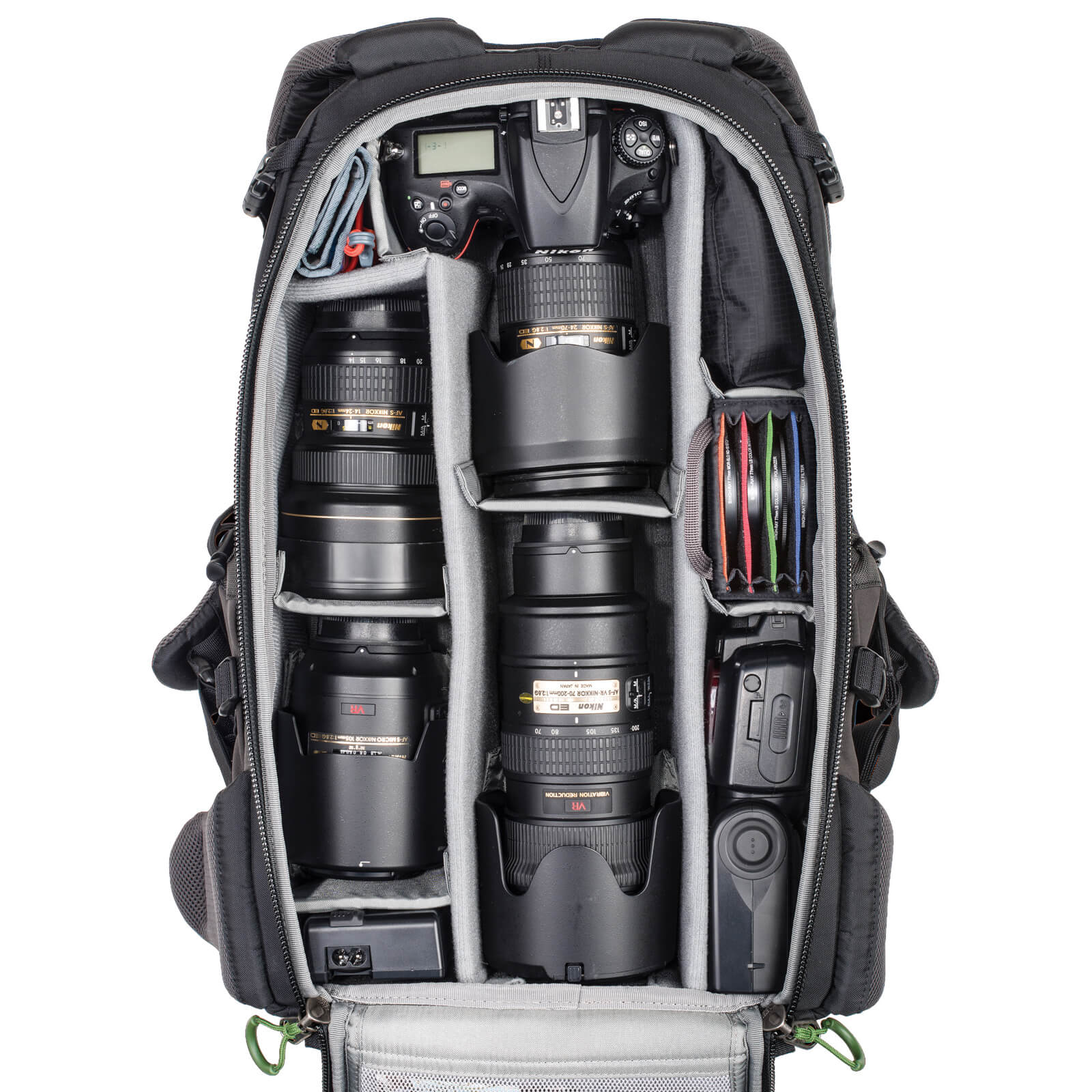 Holds 2 standard-size camera bodies and 4-6 standard zoom lenses plus a flash