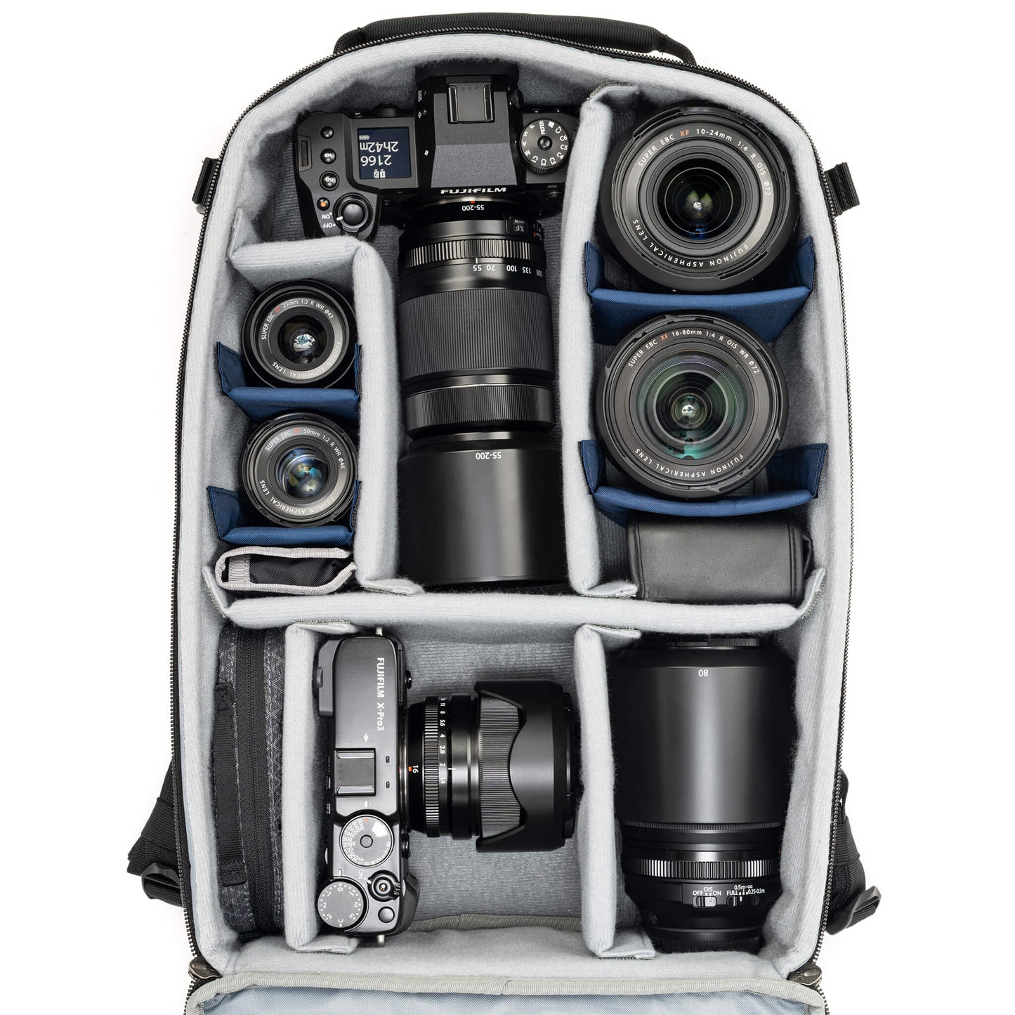 
                  
                    Fits 2 Standard Mirrorless Bodies and zoom trifecta with 55-200mm attached with hood extended
                  
                