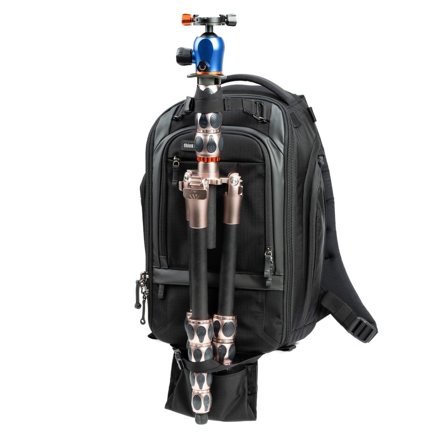 
                  
                    Three tripod carry options: one on each side using water bottle pockets and one on front for larger tripods using a drop cup
                  
                