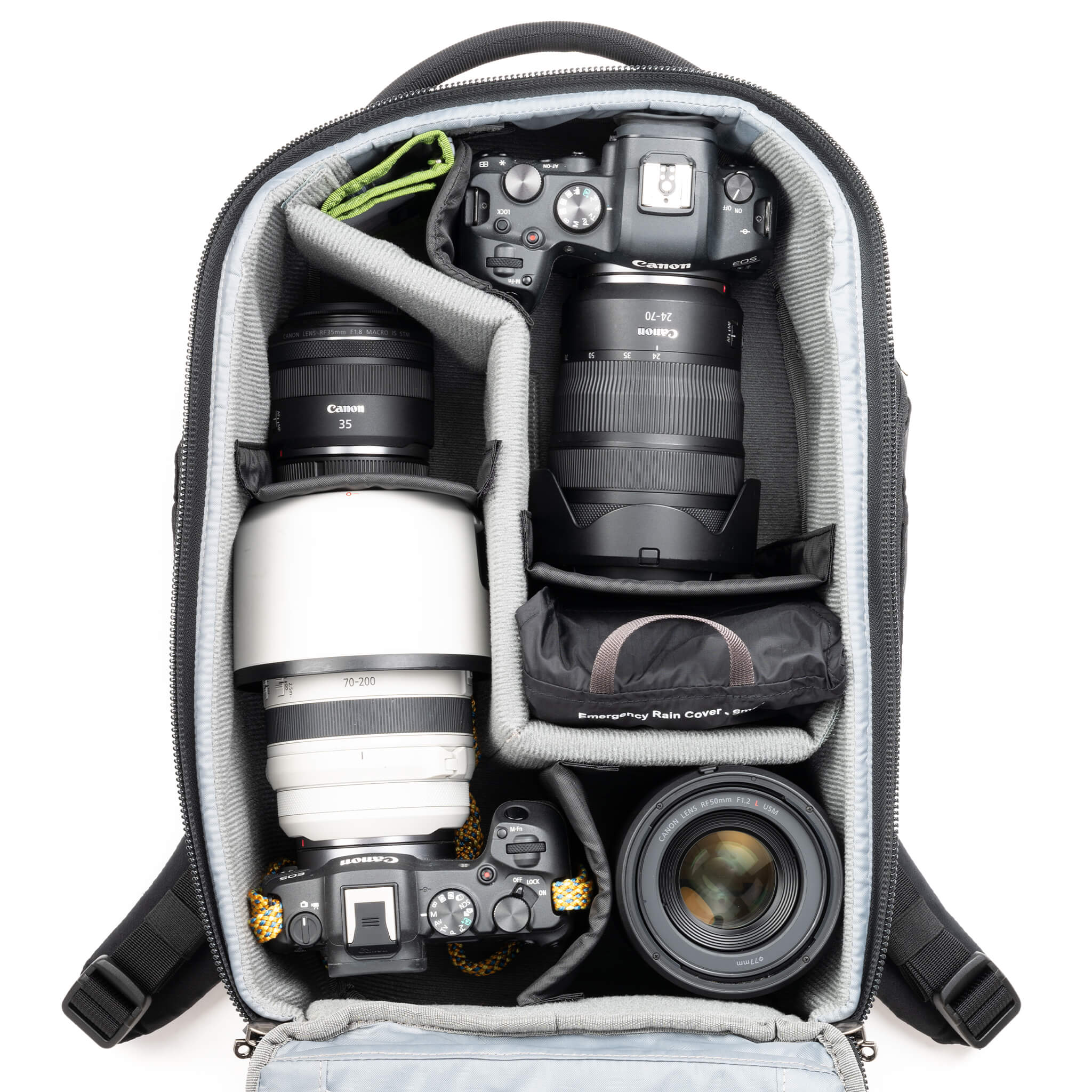 Fits two gripped camera bodies with lenses attached and an additional
4-6 standard zoom lenses