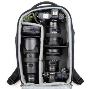 Fits two gripped camera bodies with lenses attached and an additional
4-6 standard zoom lenses