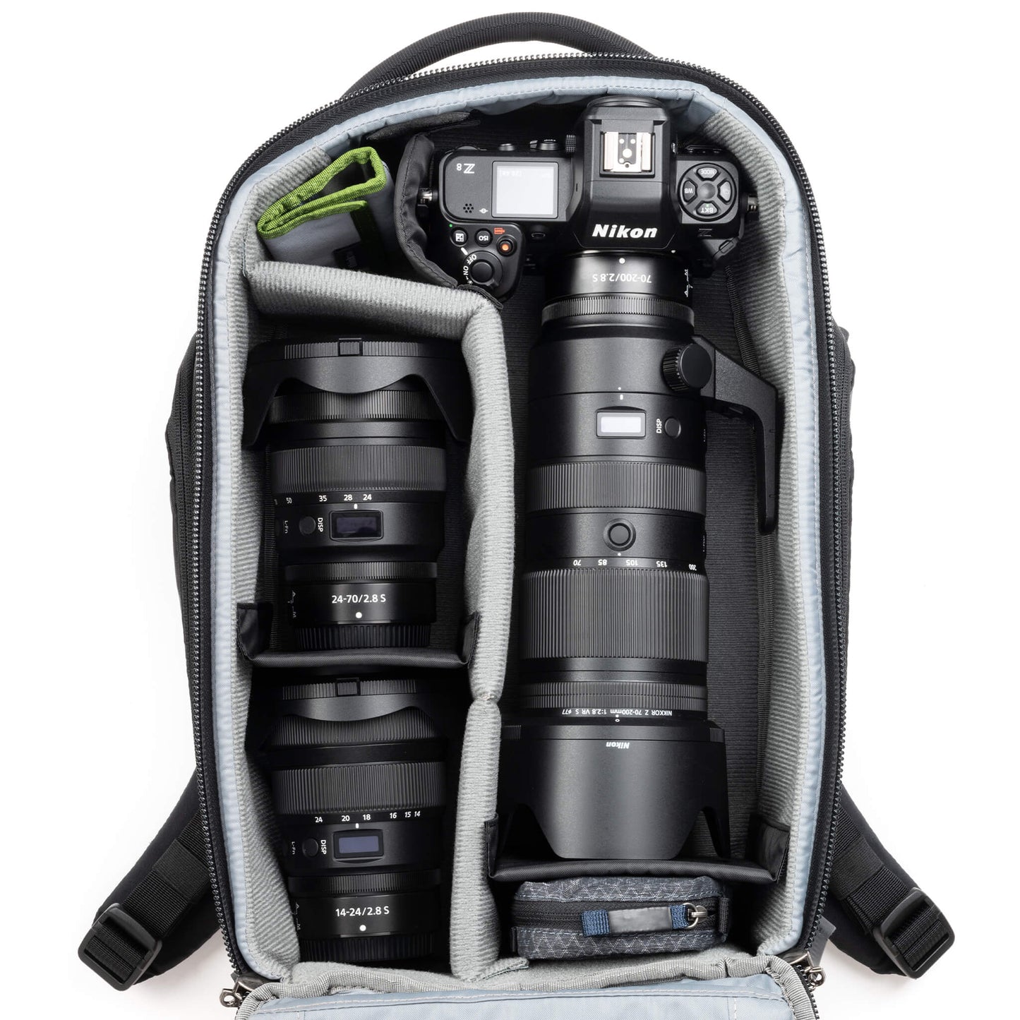 
                  
                    Fits two gripped camera bodies with lenses attached and an additional
4-6 standard zoom lenses
                  
                