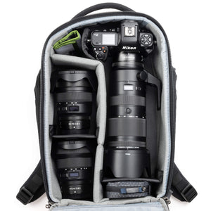 Fits two gripped camera bodies with lenses attached and an additional
4-6 standard zoom lenses