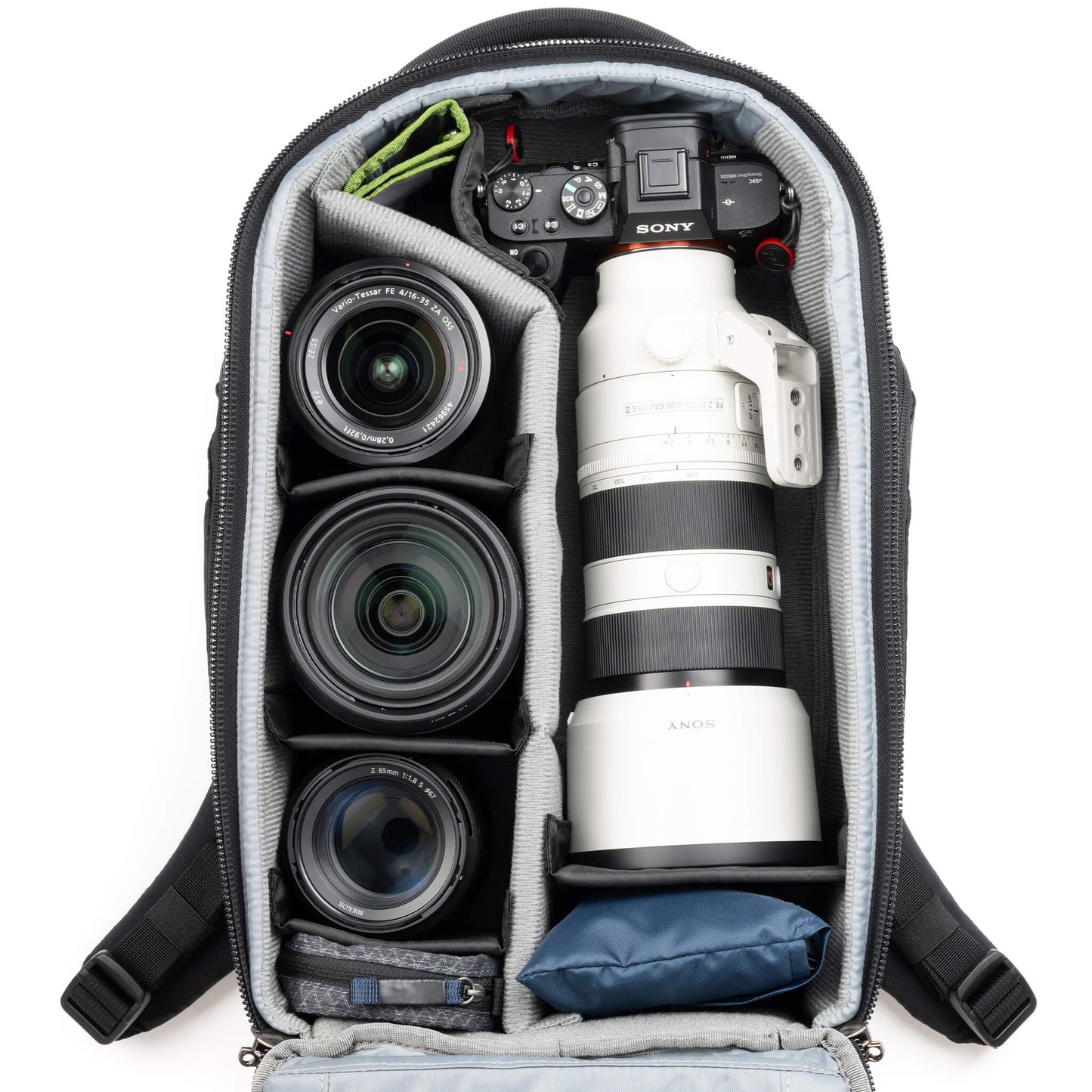 
                  
                    Fits two gripped camera bodies with lenses attached and an additional
4-6 standard zoom lenses
                  
                