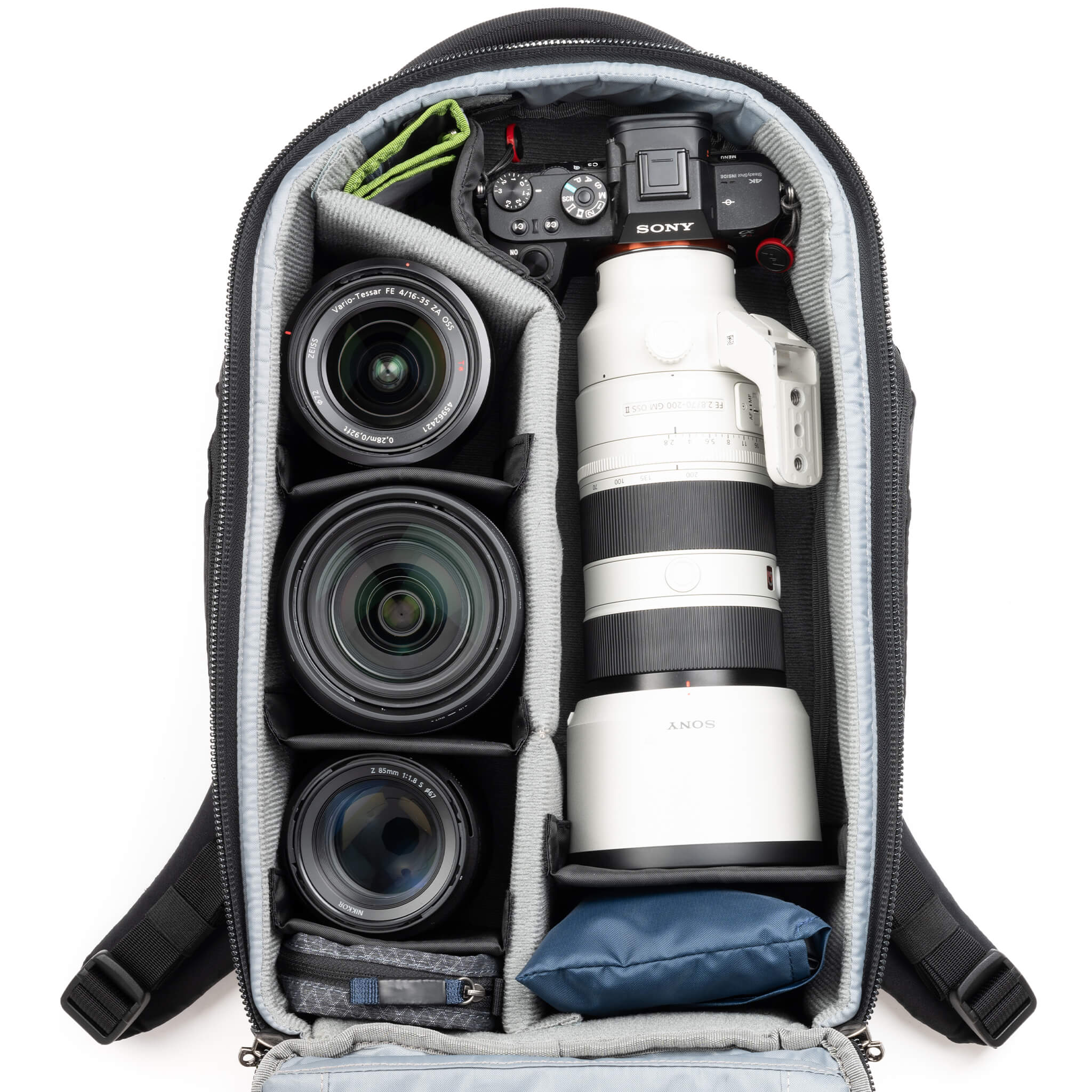 Fits two gripped camera bodies with lenses attached and an additional
4-6 standard zoom lenses