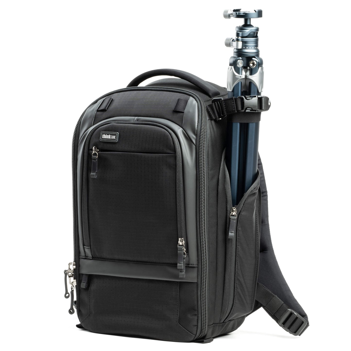 
                  
                    Three tripod carry options: one on each side using water bottle pockets and one on front for larger tripods using a drop cup
                  
                