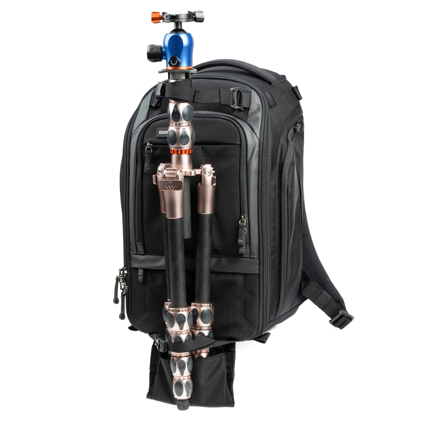 
                  
                    Three tripod carry options: one on each side using water bottle pockets and one on front for larger tripods using a drop cup
                  
                