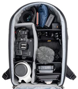 Fits two gripped camera bodies with lenses attached and an additional 3-5 standard zoom lenses or a 400mm f/2.8