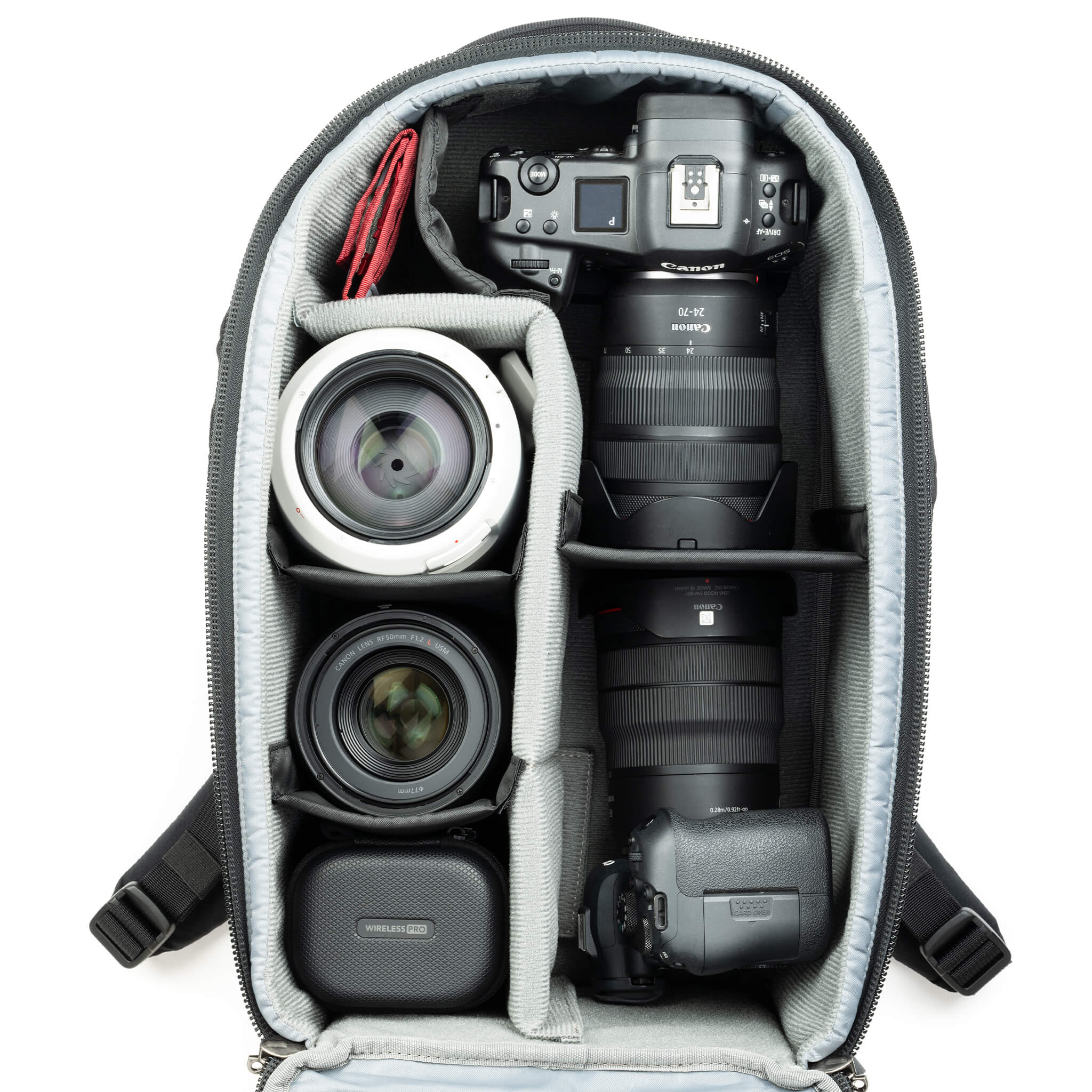 Fits two gripped camera bodies with lenses attached and an additional 3-5 standard zoom lenses or a 400mm f/2.8