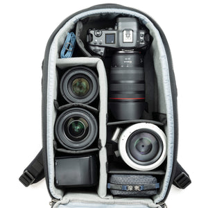 Fits two gripped camera bodies with lenses attached and an additional 3-5 standard zoom lenses or a 400mm f/2.8