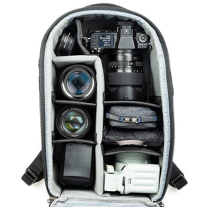 Fits two gripped camera bodies with lenses attached and an additional 3-5 standard zoom lenses or a 400mm f/2.8