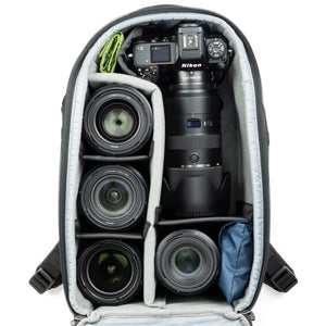 Fits two gripped camera bodies with lenses attached and an additional 3-5 standard zoom lenses or a 400mm f/2.8