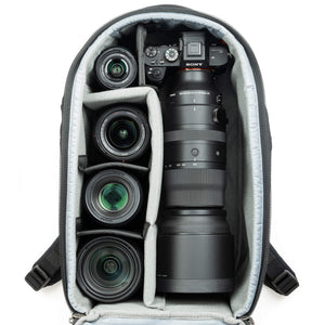 Fits two gripped camera bodies with lenses attached and an additional 3-5 standard zoom lenses or a 400mm f/2.8