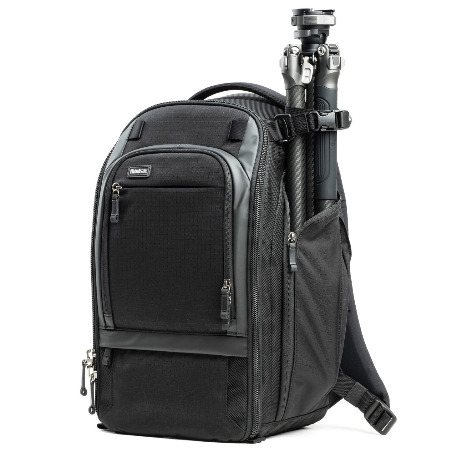 
                  
                    Three tripod carry options: one on each side using water bottle pockets and one on front for larger tripods using a drop cup
                  
                