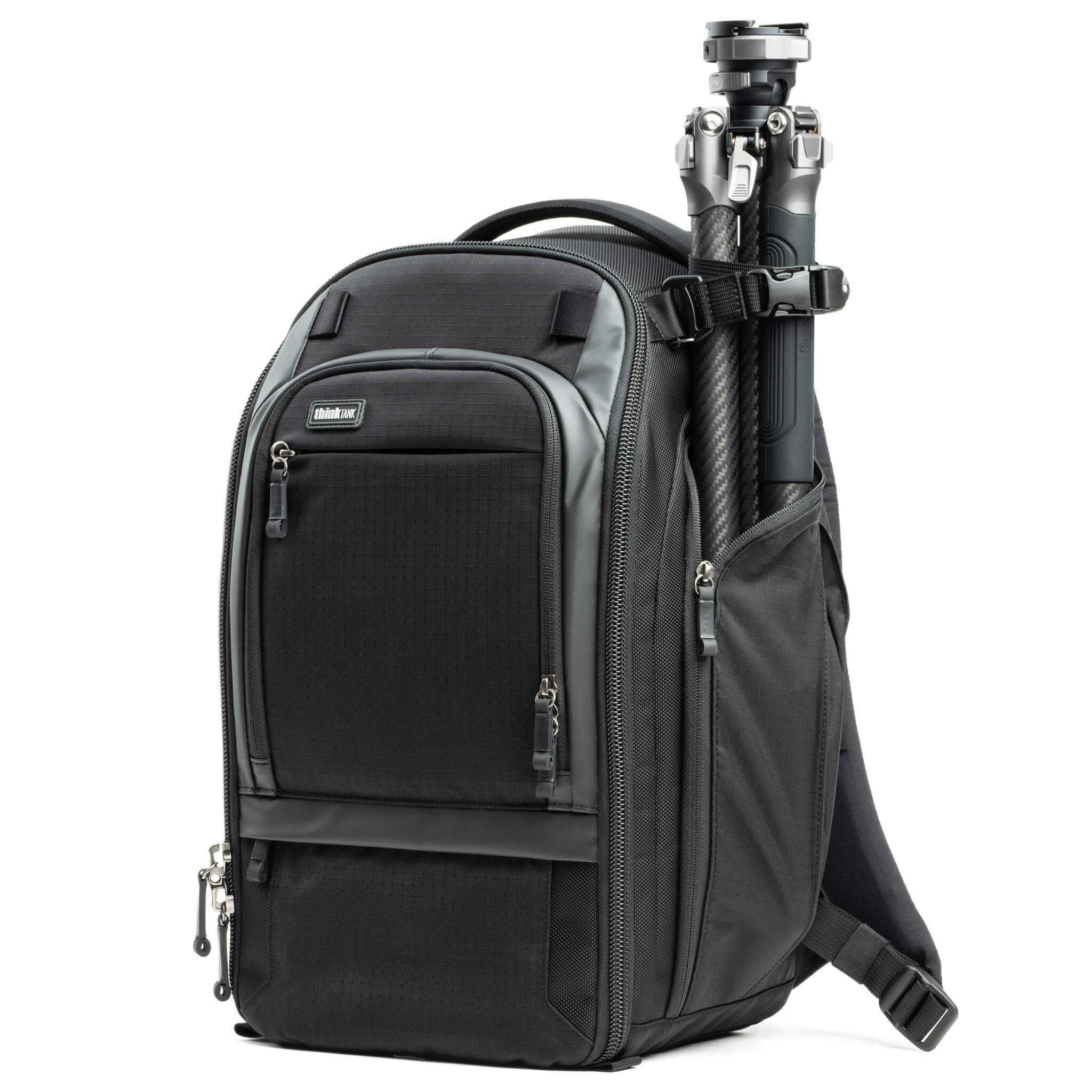 Three tripod carry options: one on each side using water bottle pockets and one on front for larger tripods using a drop cup