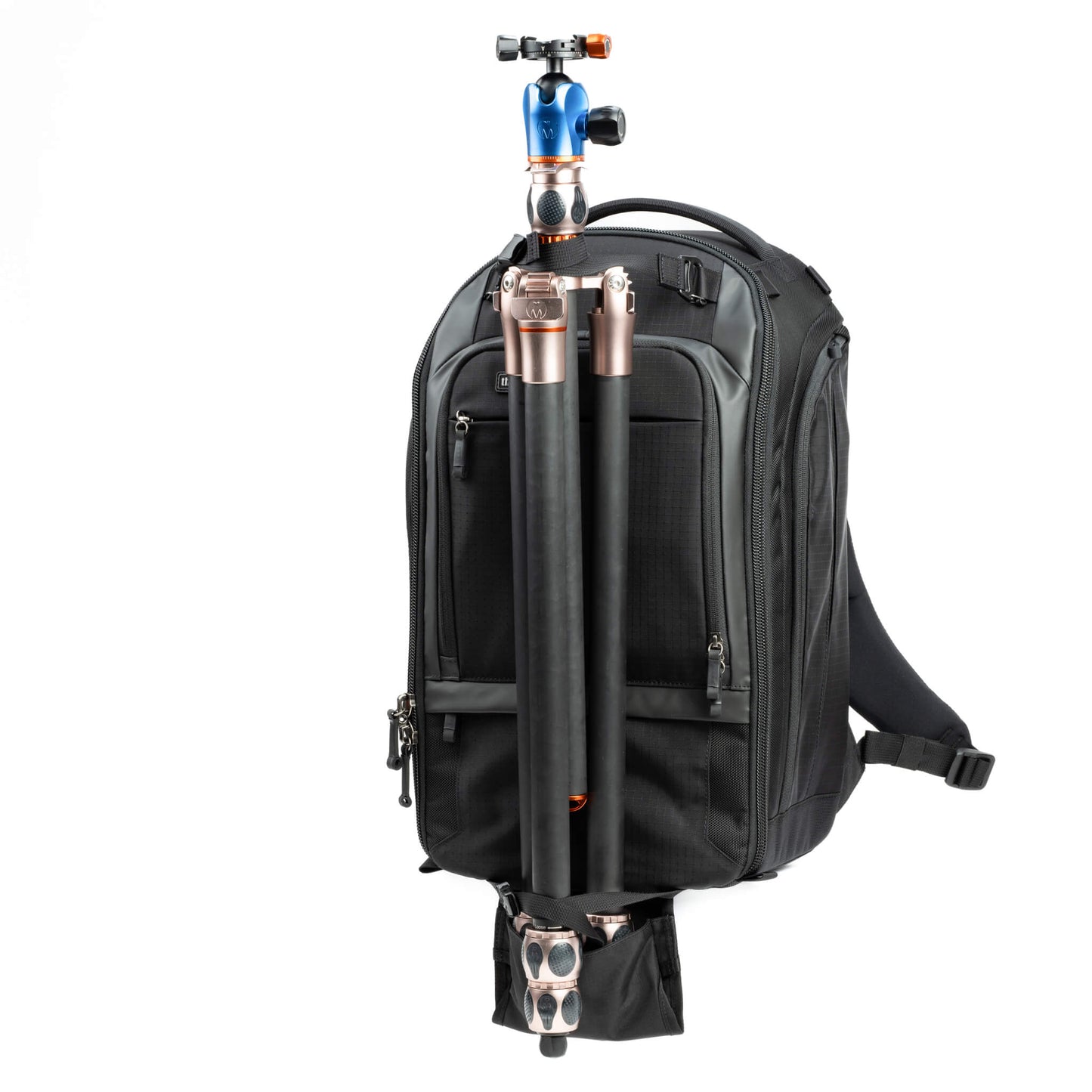 
                  
                    Three tripod carry options: one on each side using water bottle pockets and one on front for larger tripods using a drop cup
                  
                