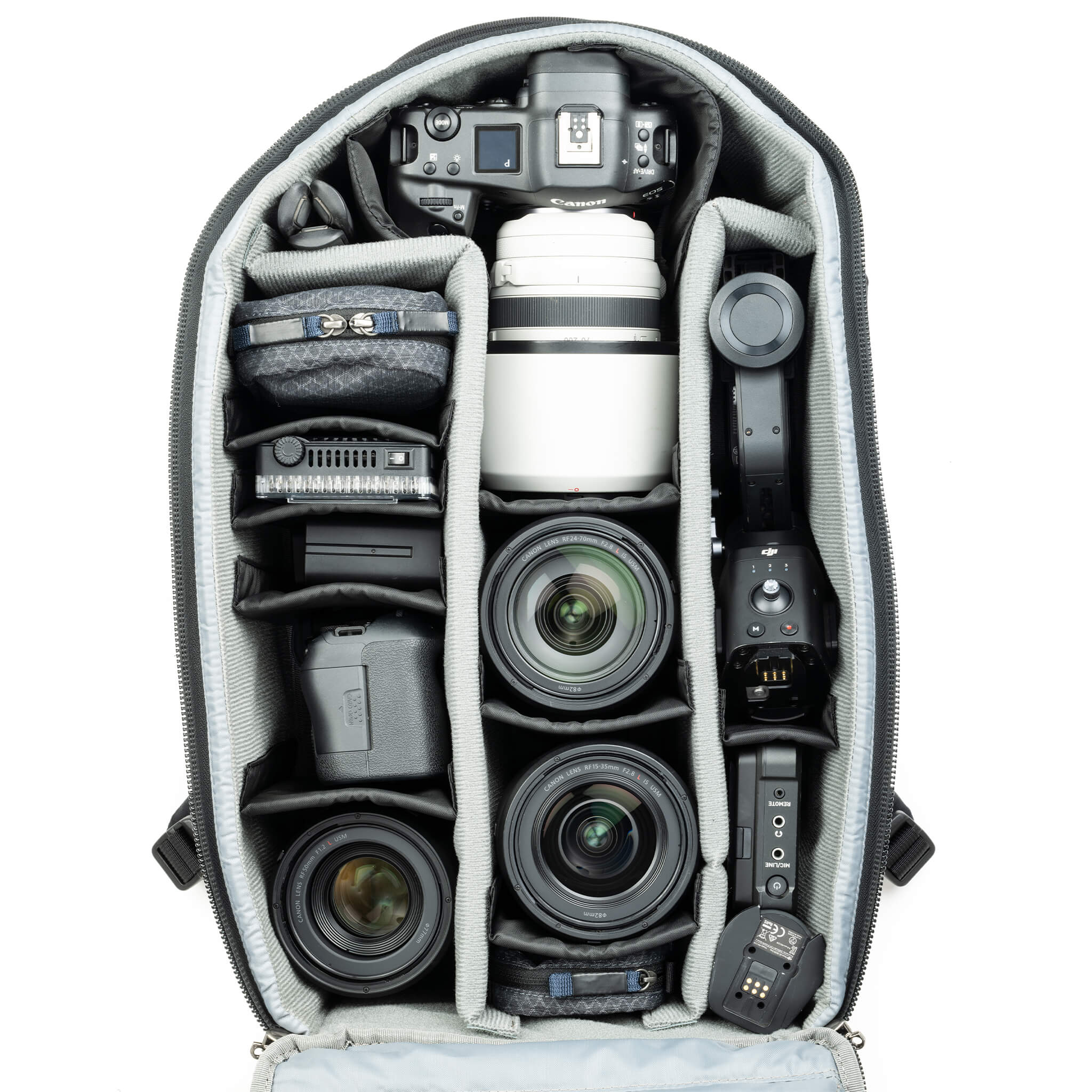 Fits two gripped camera bodies with lenses attached and an additional
4-6 standard zoom lenses