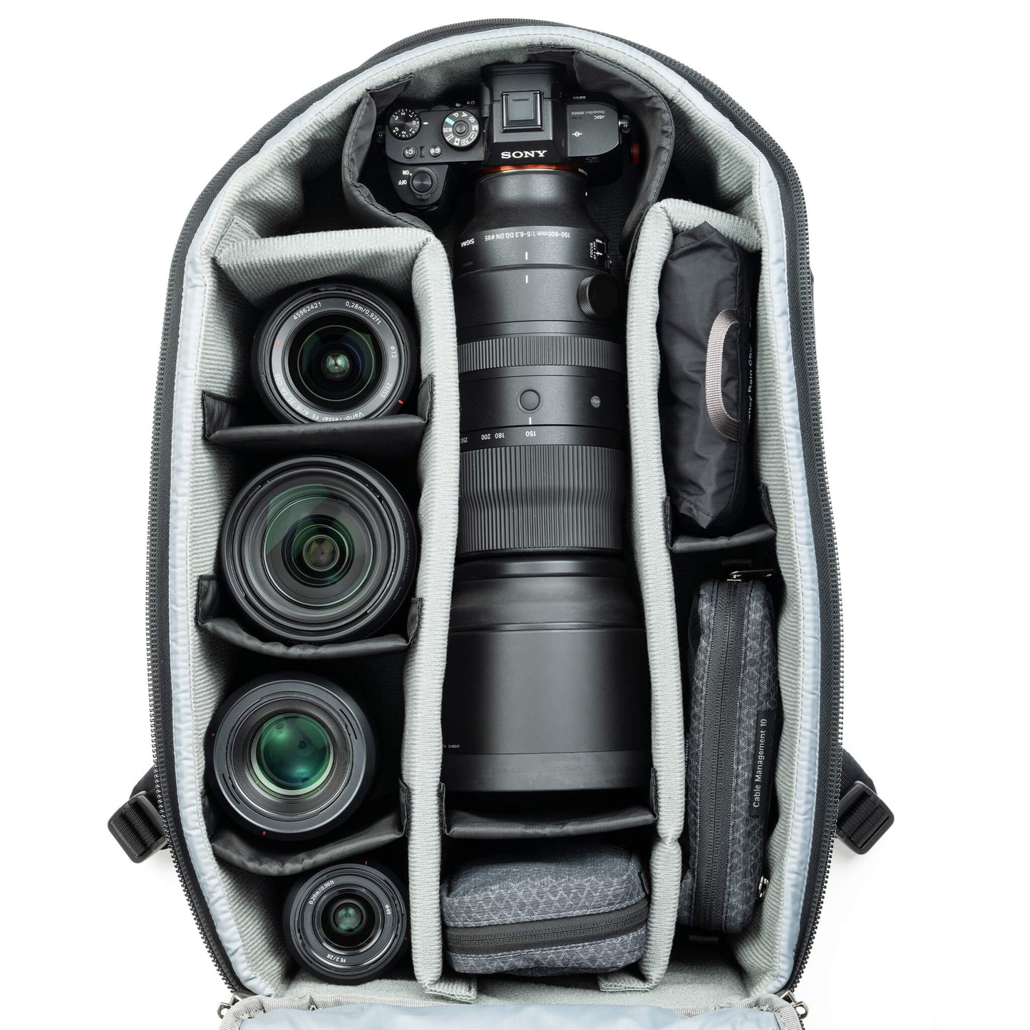 
                  
                    Fits two gripped camera bodies with lenses attached and an additional
4-6 standard zoom lenses
                  
                