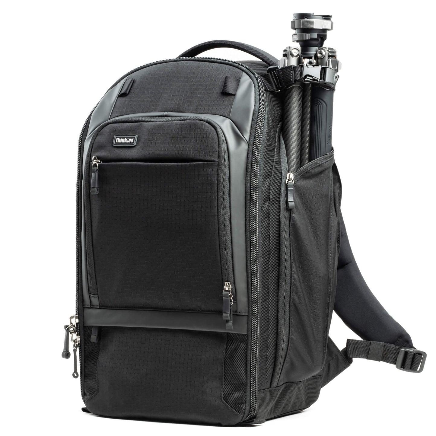 
                  
                    Three tripod carry options: one on each side using water bottle pockets and one on front for larger tripods using a drop cup
                  
                