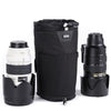 Modular pouch accommodates a 70–200mm f/2.8 lens with hood reversed or in shooting position when popped down