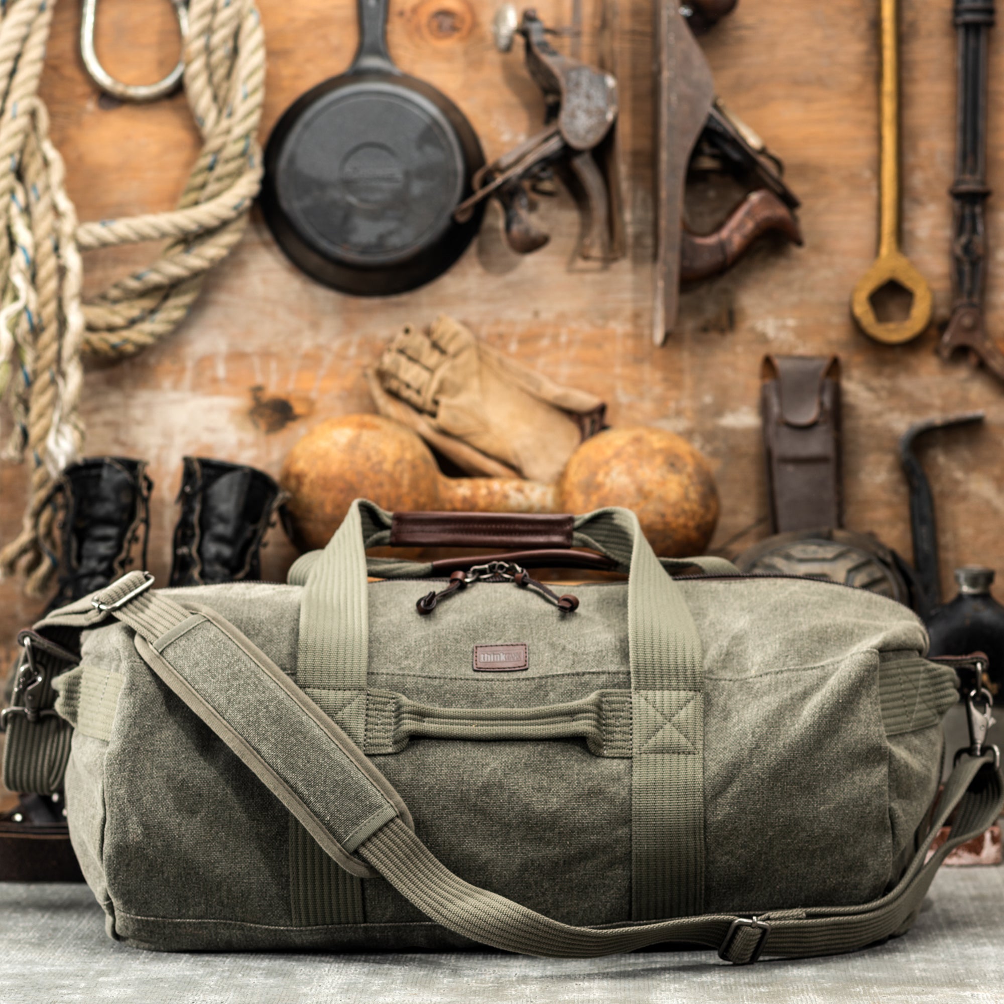 Washed 17 Canvas & Leather Laptop Bag in Army Green with Brown